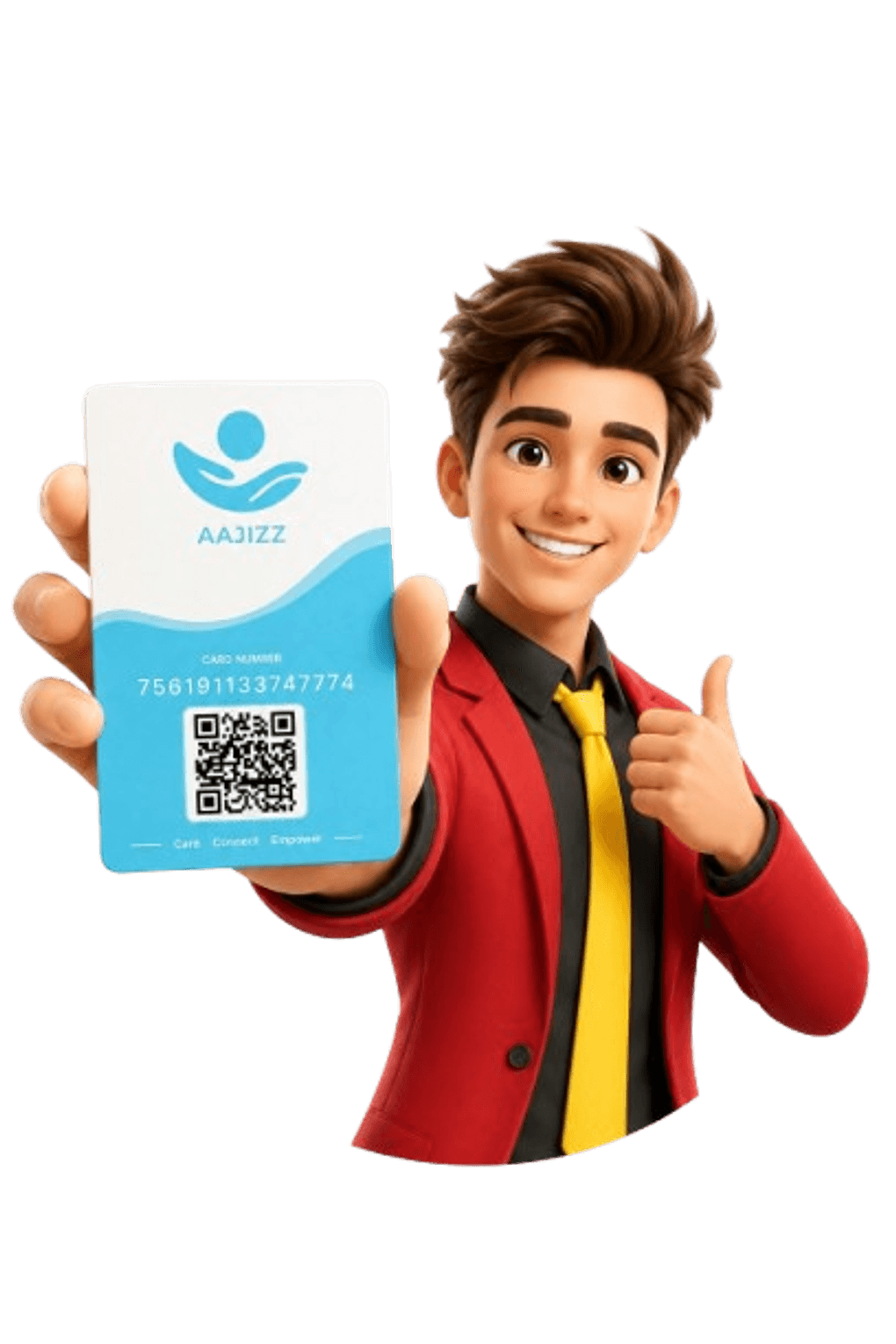 Aajizz mascot presenting a partner QR verification card
